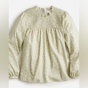 J. Crew Yellow Green Floral Smocked-Yoke Long-Sleeve Top